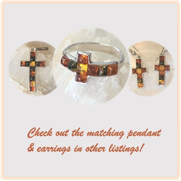 Baltic Amber Multicolor Cross Ring .925 Sterling Silver Genuine Gemstones - Picture 14 of 15